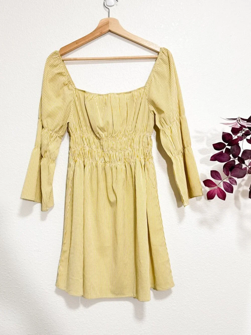 LULUS Lunch Date Mustard Yellow Gingham Bell Sleeve Mini Dress Medium - Picture 3 of 8